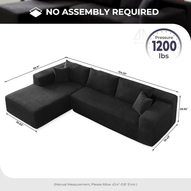 Modern Minimalist 104" L-Shape Couch with Chaise,Modular Sectional Sofa with Cloud Deep Seat, Convertible Upholstered Couches - HOMELIVING