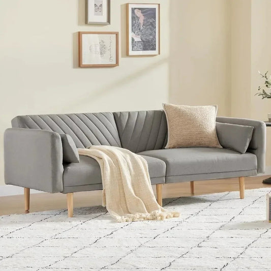 Fabric Futon Sofa Bed, Convertible with Adjustable Armrests and Backrest, with 2 Pillows, Modern Futon Couches for Living Room - HOMELIVING