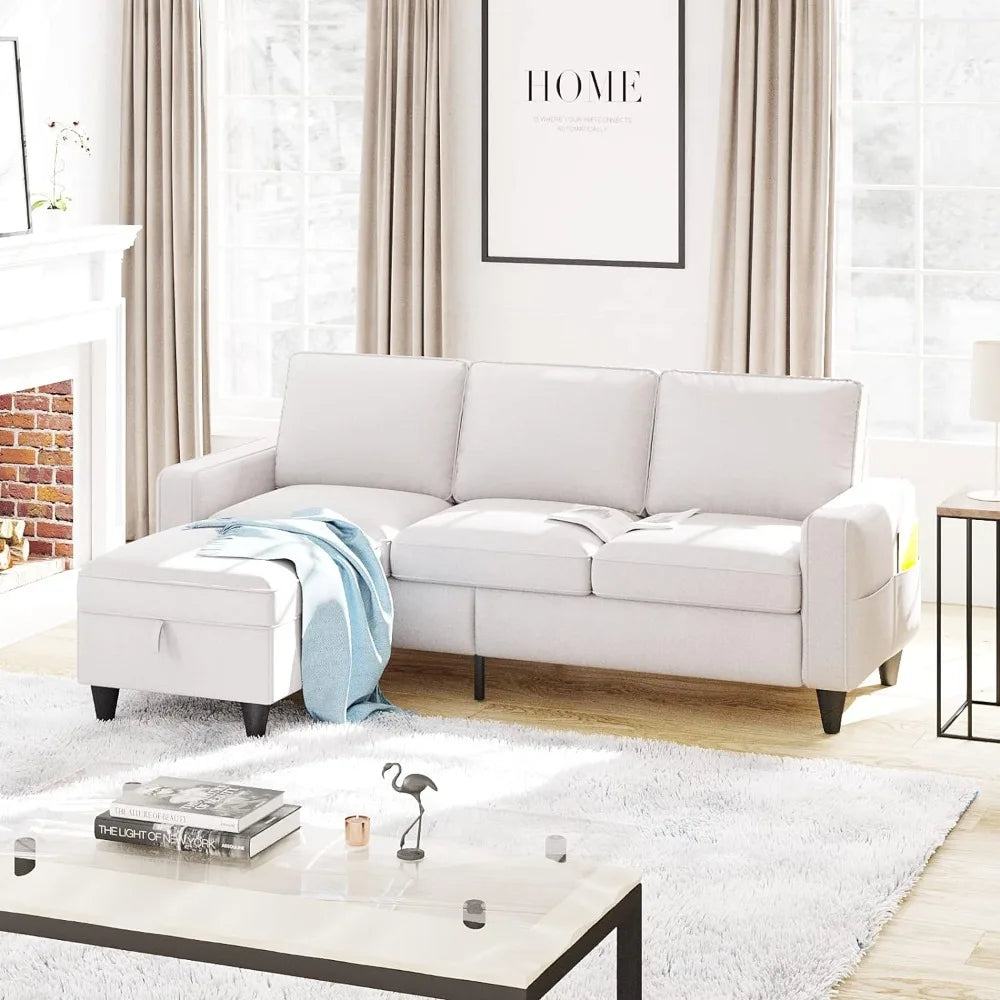 L-Shaped Couch with Storage Ottoman, Beige Couches, 3-Seat Sectional Sofas for Living Room/Bedroom/Office/Small Space - HOMELIVING