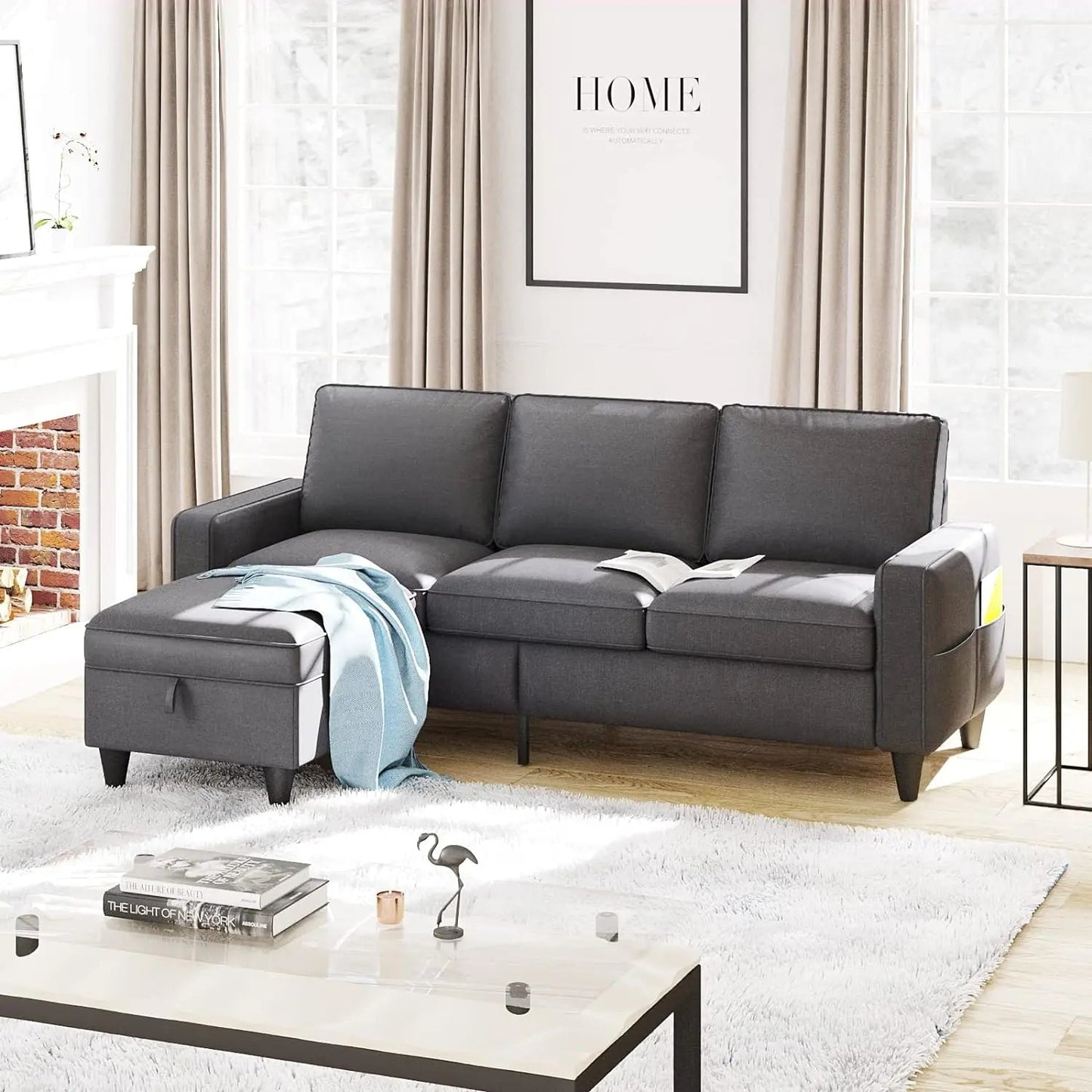 L-Shaped Couch with Storage Ottoman, Beige Couches, 3-Seat Sectional Sofas for Living Room/Bedroom/Office/Small Space - HOMELIVING