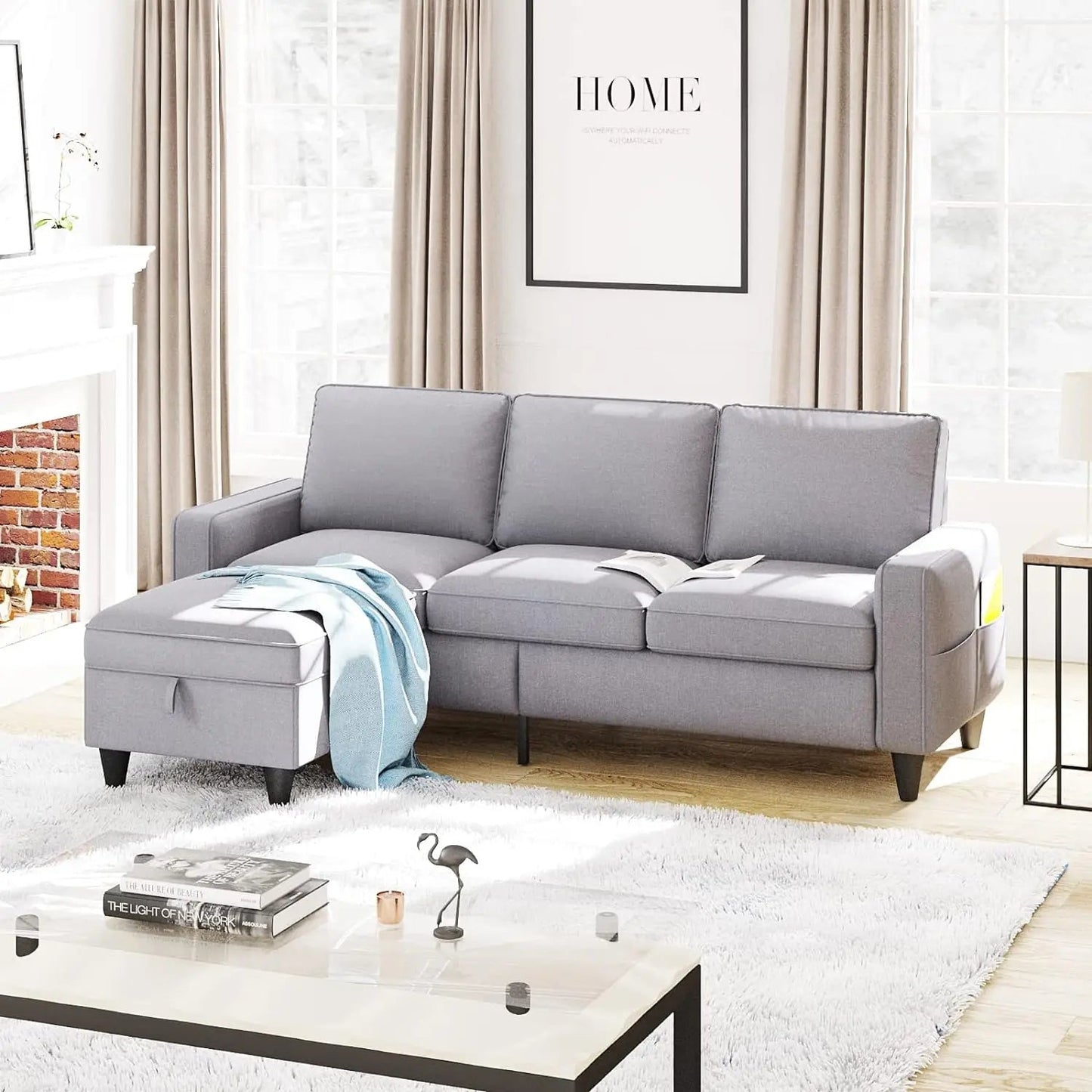 L-Shaped Couch with Storage Ottoman, Beige Couches, 3-Seat Sectional Sofas for Living Room/Bedroom/Office/Small Space - HOMELIVING