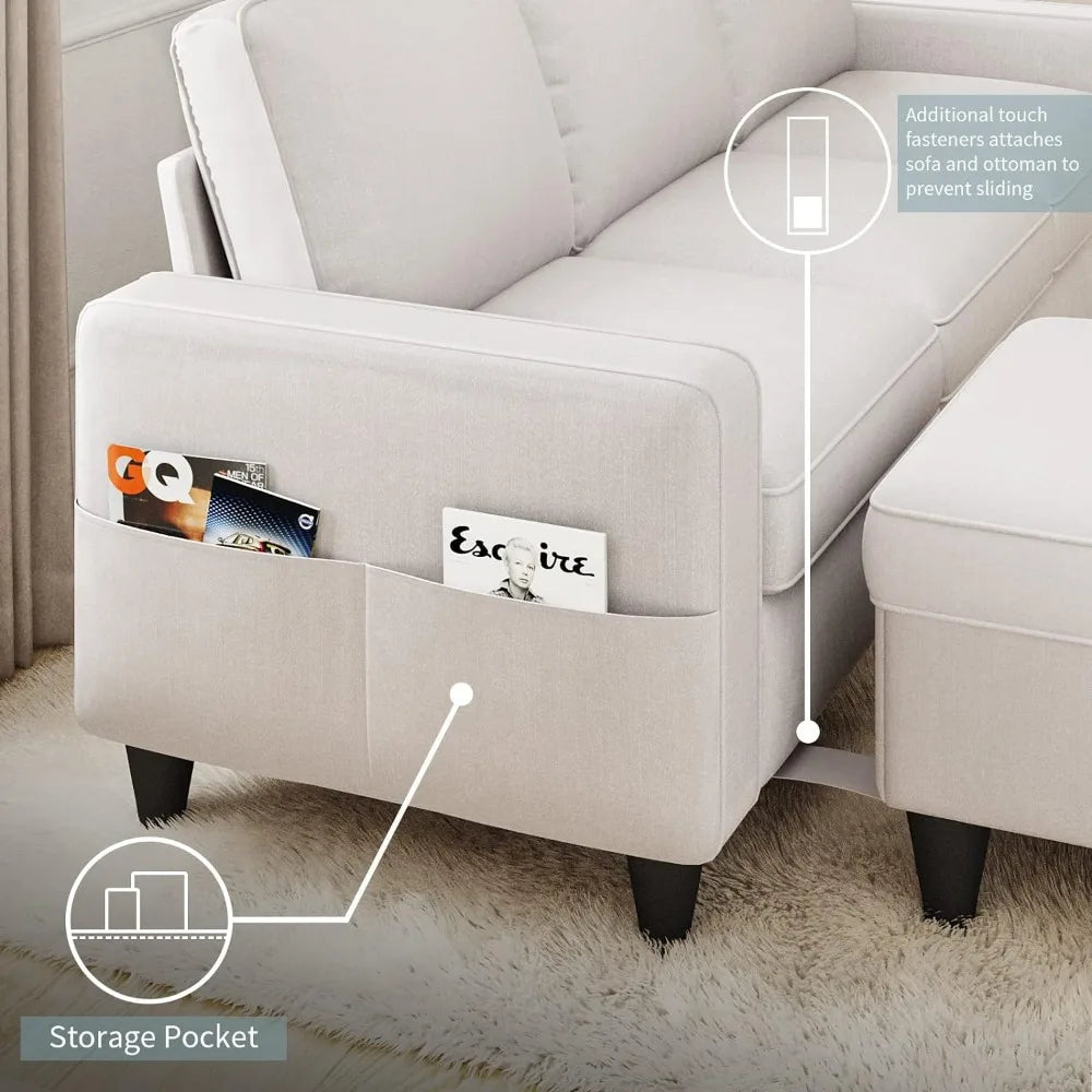 L-Shaped Couch with Storage Ottoman, Beige Couches, 3-Seat Sectional Sofas for Living Room/Bedroom/Office/Small Space - HOMELIVING