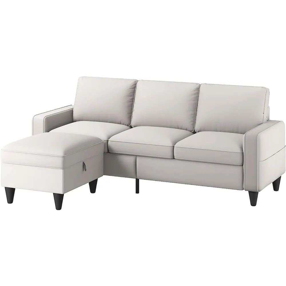 L-Shaped Couch with Storage Ottoman, Beige Couches, 3-Seat Sectional Sofas for Living Room/Bedroom/Office/Small Space - HOMELIVING