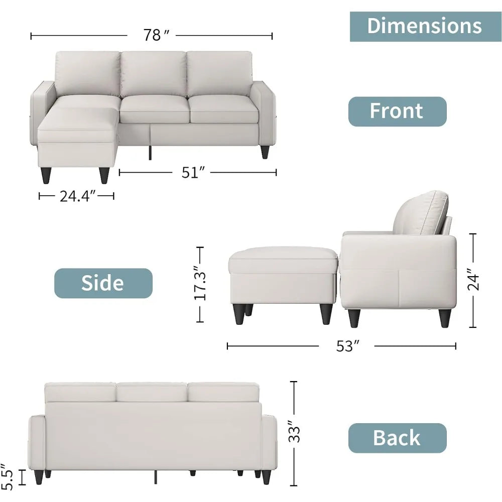 L-Shaped Couch with Storage Ottoman, Beige Couches, 3-Seat Sectional Sofas for Living Room/Bedroom/Office/Small Space - HOMELIVING