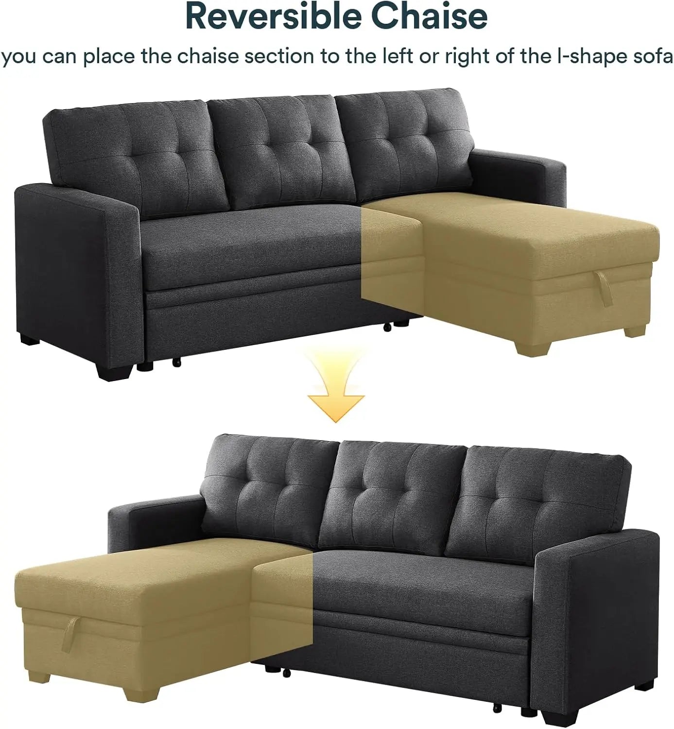 L Shaped Couch with Pull Convertible Sleeper Sofa Bed Sectional with Storage Chaise Lounge for Home Living Room Apartment Dorm - HOMELIVING