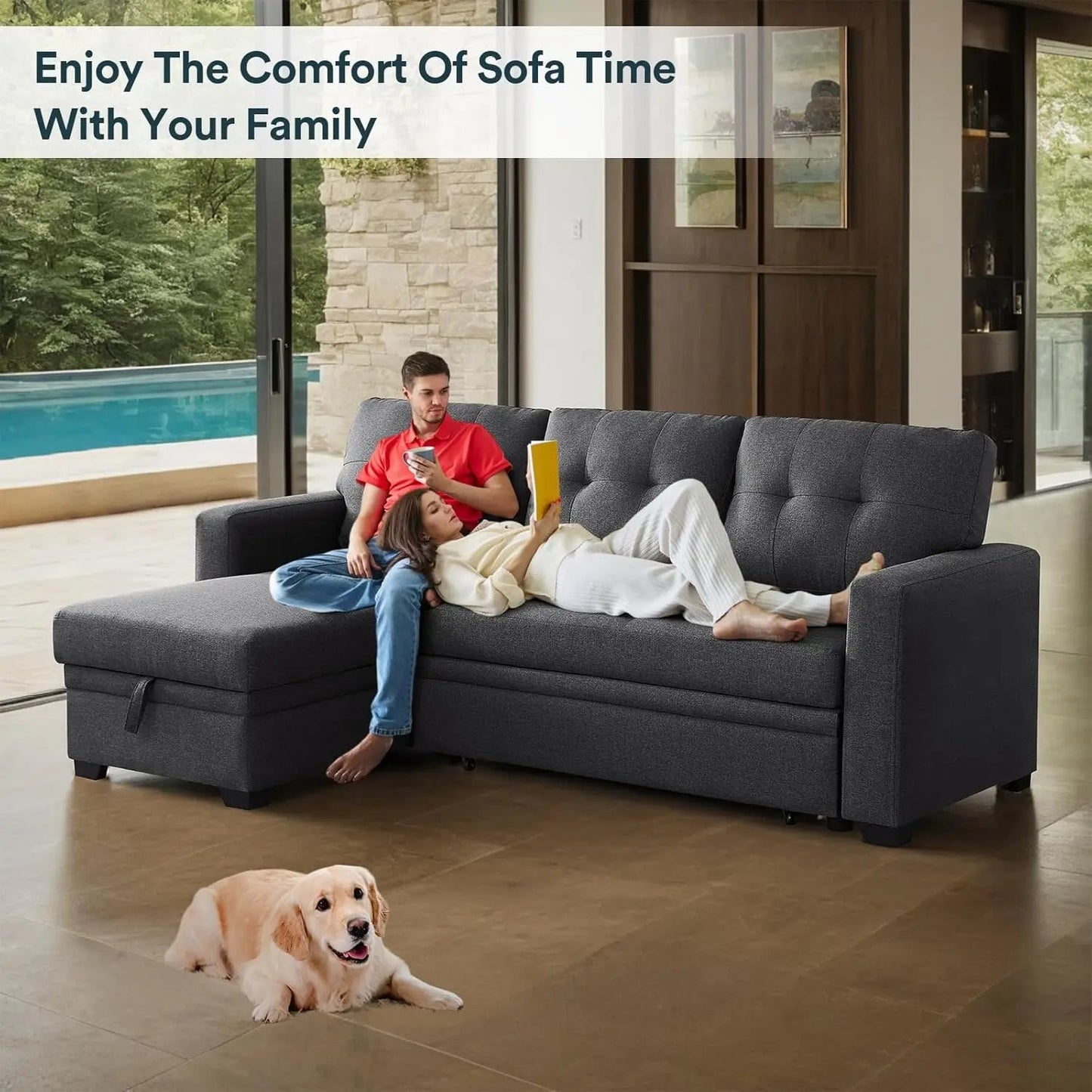 L Shaped Couch with Pull Convertible Sleeper Sofa Bed Sectional with Storage Chaise Lounge for Home Living Room Apartment Dorm - HOMELIVING