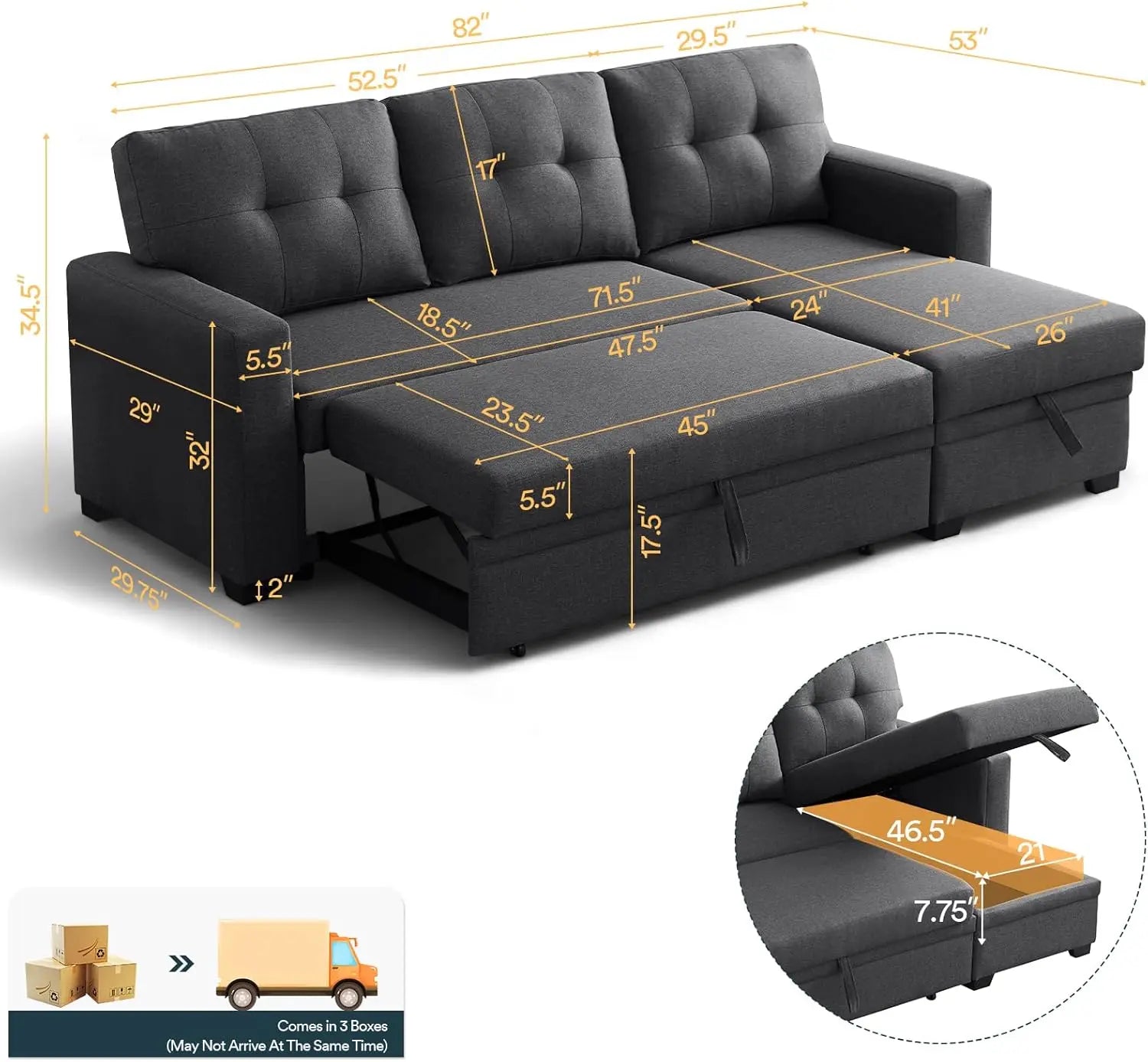 L Shaped Couch with Pull Convertible Sleeper Sofa Bed Sectional with Storage Chaise Lounge for Home Living Room Apartment Dorm - HOMELIVING