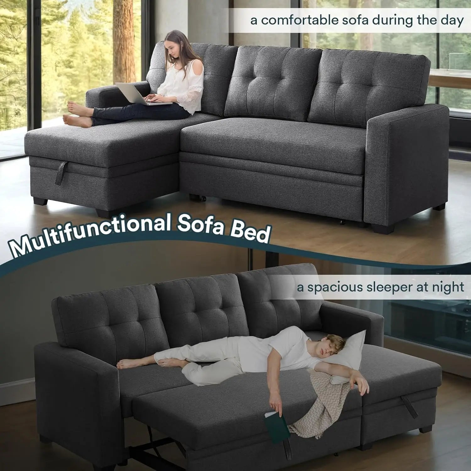 L Shaped Couch with Pull Convertible Sleeper Sofa Bed Sectional with Storage Chaise Lounge for Home Living Room Apartment Dorm - HOMELIVING