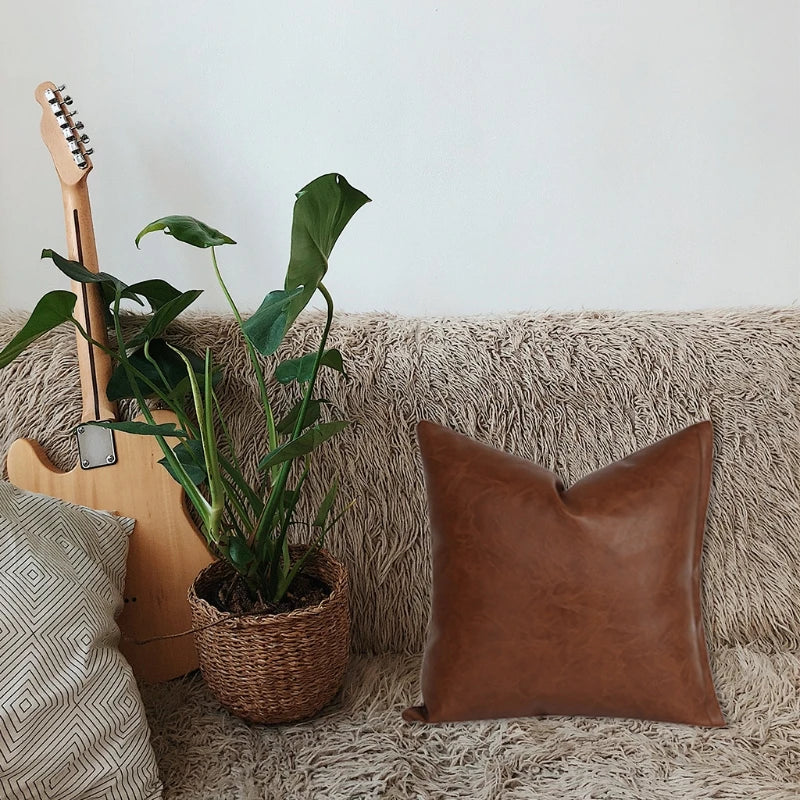 Modern Brown Imitation Leather Throw Pillow Cover