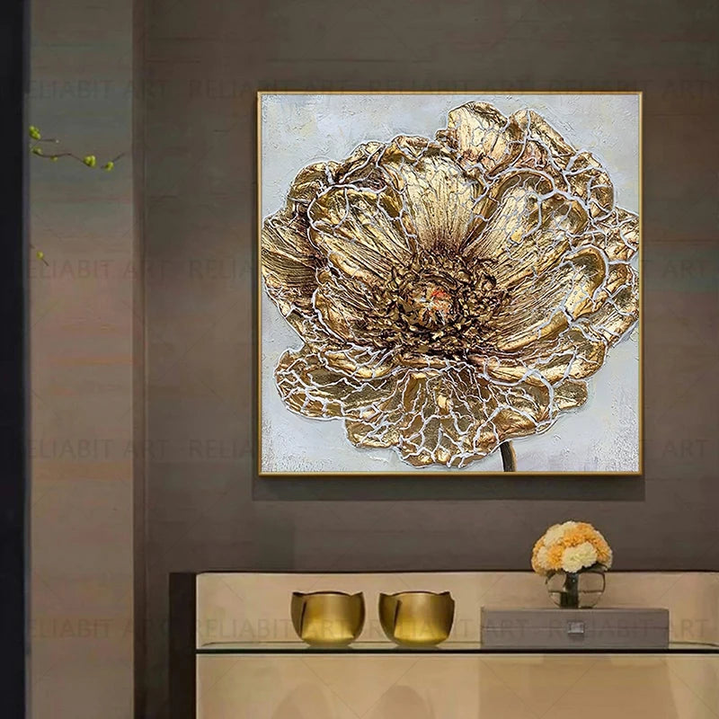 Abstract Floral White Gold Flowers American Style Canvas Painting Luxury Golden Posters Prints for Living Room Decor Wall Art - HOMELIVING