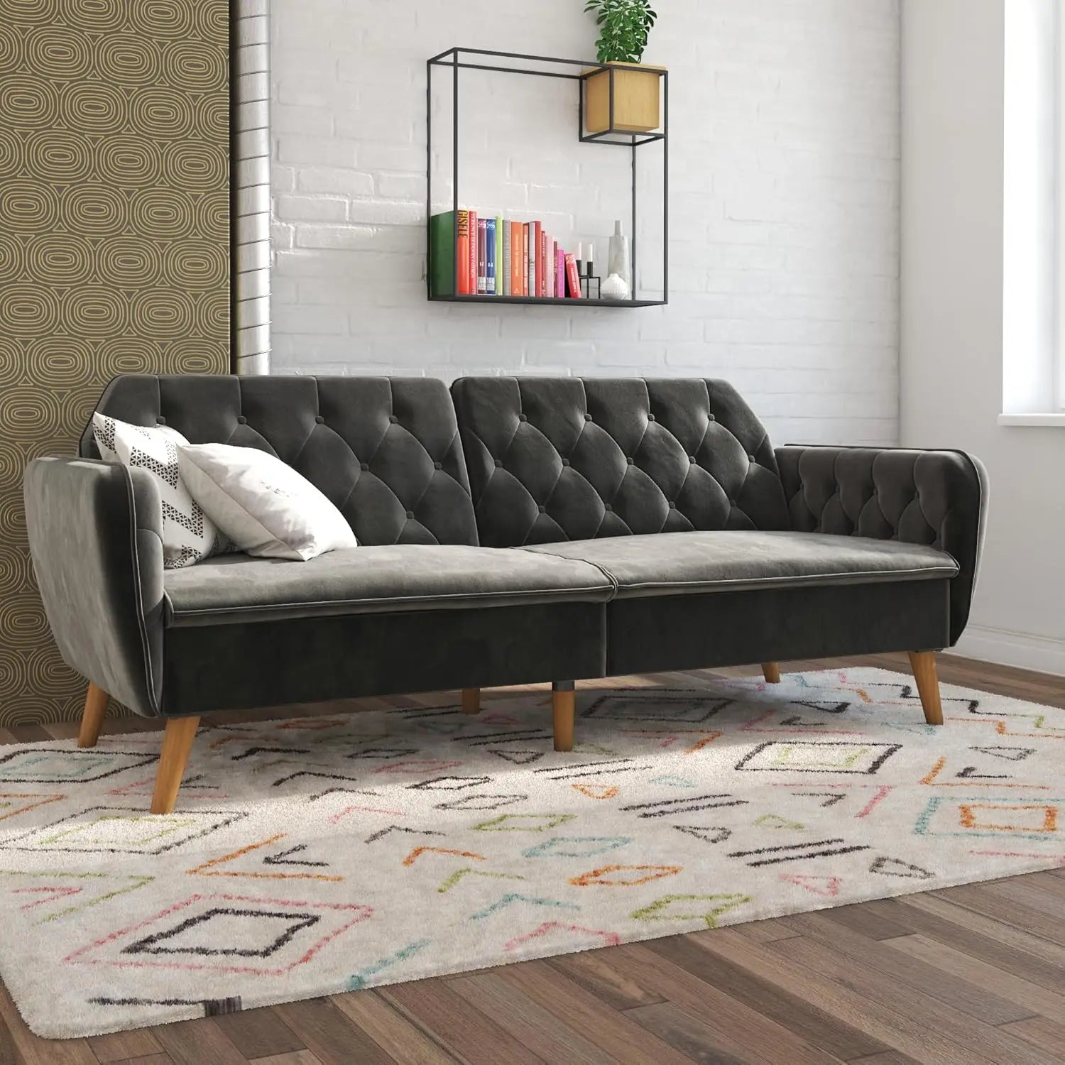 Tallulah Memory Foam Futon, Convertible Couch, Camel Faux Leather - HOMELIVING