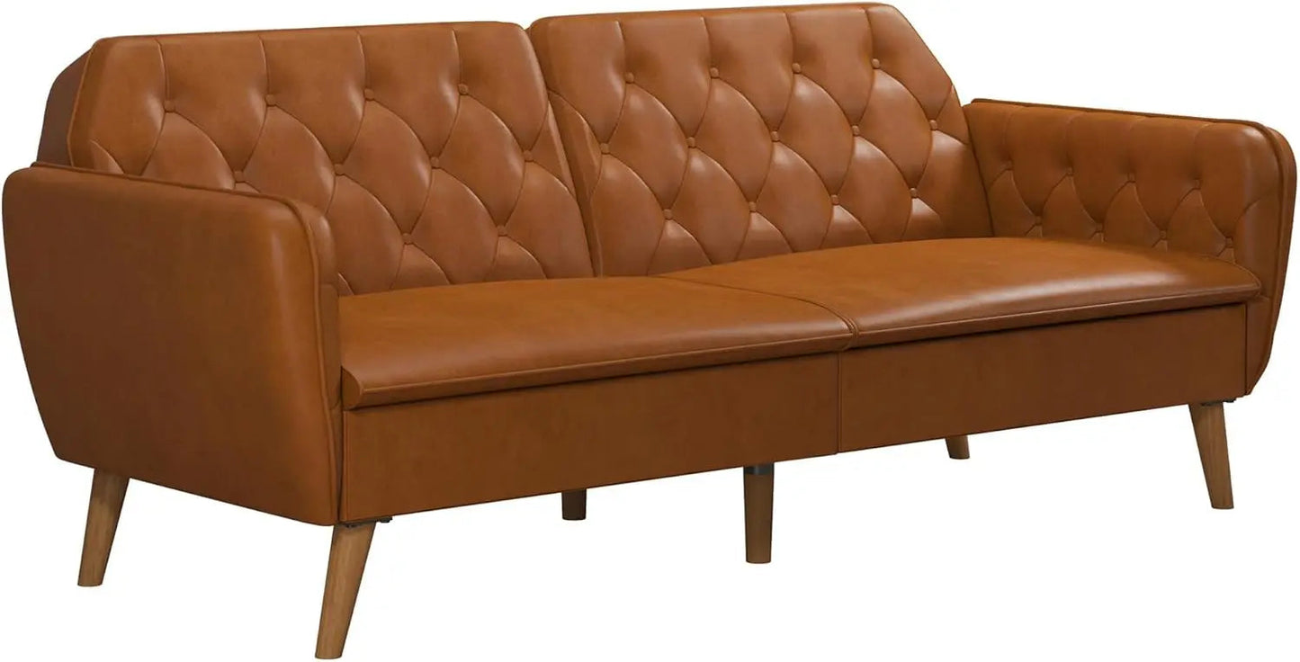 Tallulah Memory Foam Futon, Convertible Couch, Camel Faux Leather - HOMELIVING