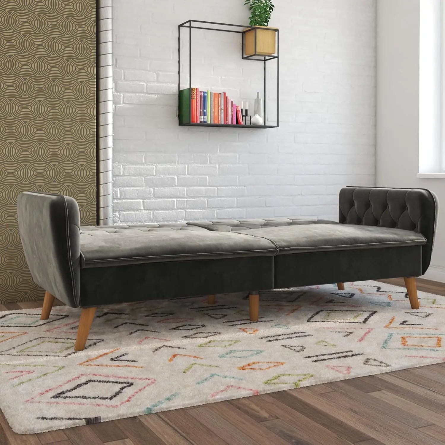 Tallulah Memory Foam Futon, Convertible Couch, Camel Faux Leather - HOMELIVING