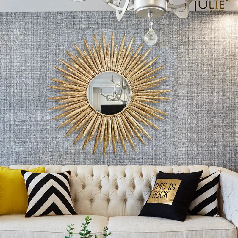 European Luxury Wrought Iron Wall Sun Flower Decorative Mirror Crafts Hotel Home Sofa Background 3D Stereo Mural Ornaments Decor - HOMELIVING