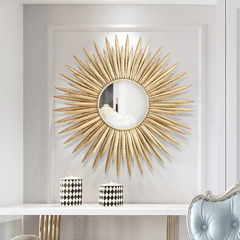 European Luxury Wrought Iron Wall Sun Flower Decorative Mirror Crafts Hotel Home Sofa Background 3D Stereo Mural Ornaments Decor - HOMELIVING