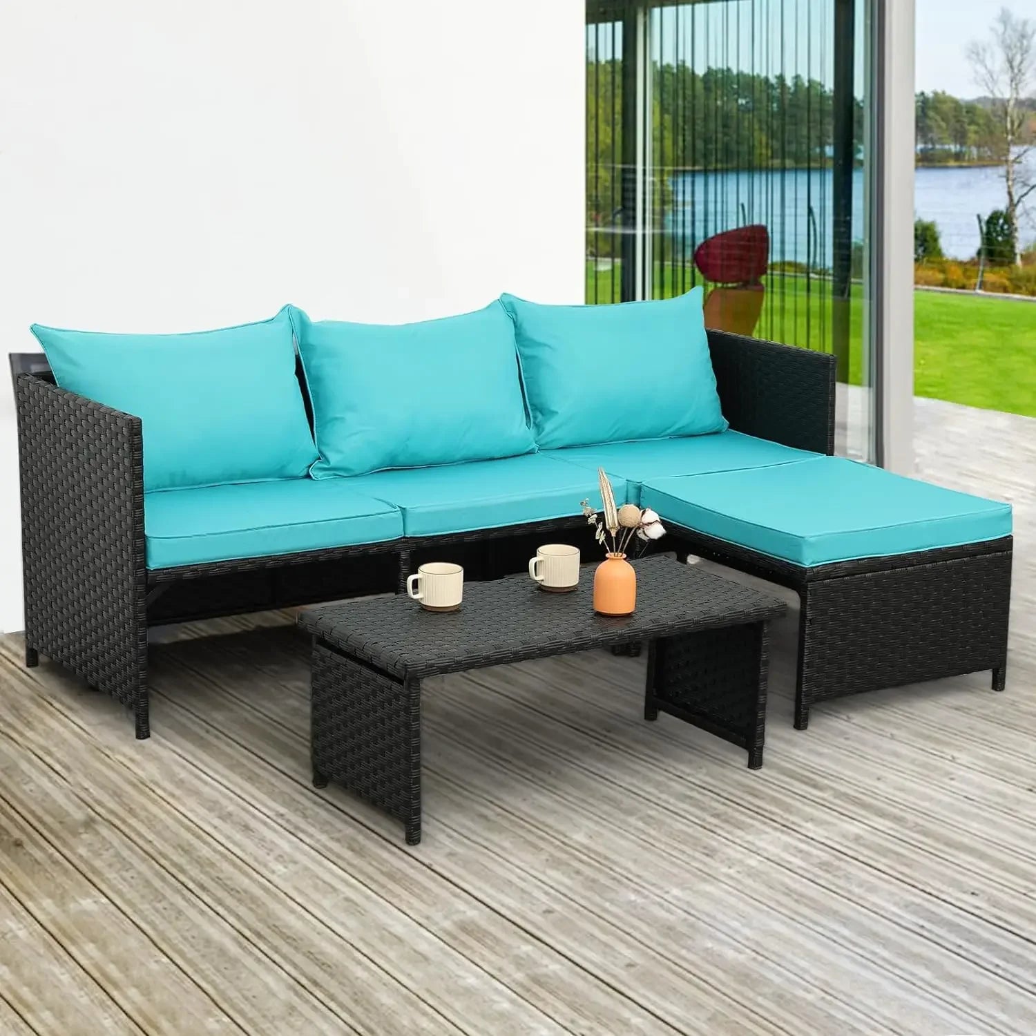3-Piece Outdoor PE Rattan Furniture Set Patio Black Wicker Conversation Loveseat Sofa Sectional Couch Khaki Garden Sofas - HOMELIVING