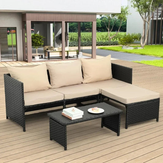3-Piece Outdoor PE Rattan Furniture Set Patio Black Wicker Conversation Loveseat Sofa Sectional Couch Khaki Garden Sofas - HOMELIVING