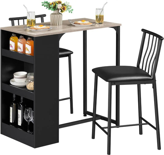 3-Piece Dining Table Set, Counter Height Bar Table Set for 2, Compact Kitchen Table Set with 3-layer Side Storage Shelf - HOMELIVING