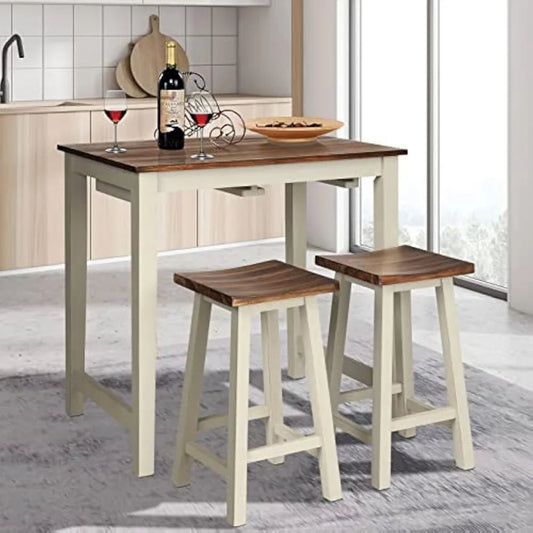 3 Pieces Dining Set, Counter Height Pub Table Set with 2 Saddle Stools, Industrial Wood Breakfast Table Set for Bar, Kitchen - HOMELIVING