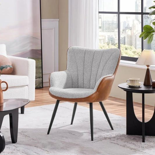 Accent Chair Modern Fuzzy Boucle Fabric and Faux Leather Armchair, Upholstered Vanity Chair with High Curved Back and Metal Legs - HOMELIVING