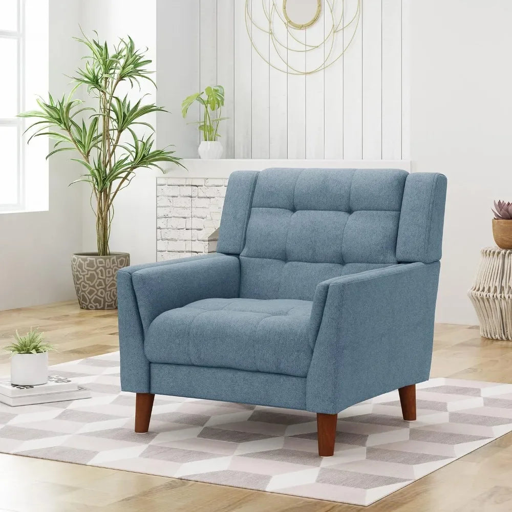 Living room chair Medieval modern fabric armchair, blue and walnut - HOMELIVING