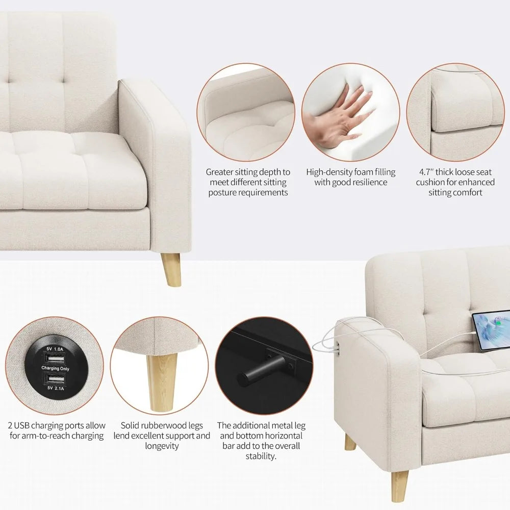 Office Sofas， 2-Seater Fabric Sofa Loveseat With USB Ports Mid-Century Modern 65? W Couch Sofa With Solid Wood Legs Fo - HOMELIVING