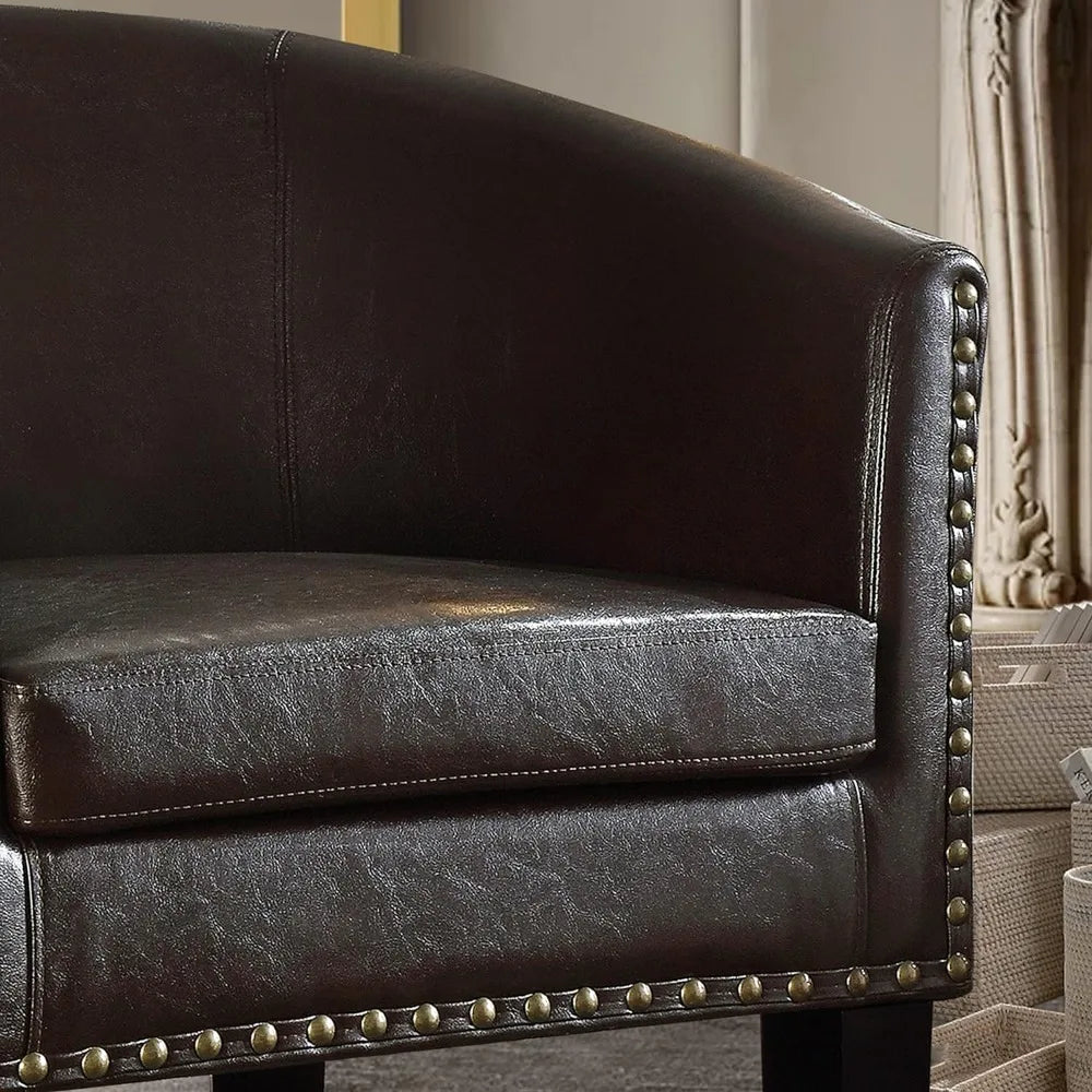 Duilio Club Style Barrel Armchair For Living Room Faux Leather Accent Chair, Leather Brown - HOMELIVING