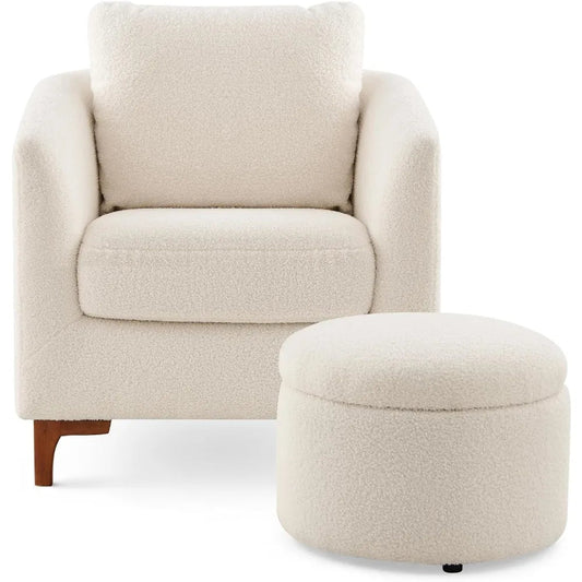 Living Room Lounge Chair, Modern Living Room Chair with Storage Ottoman Set, Pillows and Wooden Legs - HOMELIVING