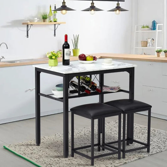 Modern dining chair set, 3-piece bar dining table and chairs with artificial marble tabletop -2 chairs with wine rack - HOMELIVING