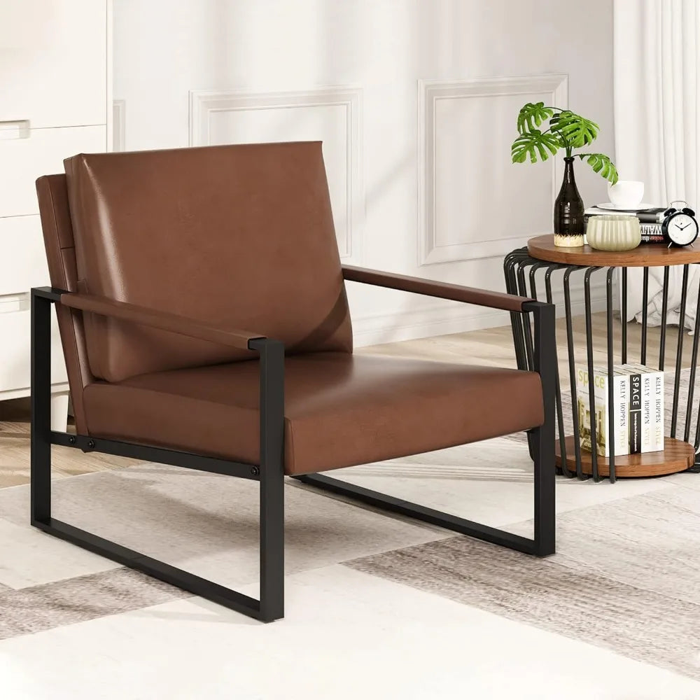 Modern PU Leather Accent Chair Arm Chair with Extra-Thick Padded Backrest and Seat Cushion Sofa Chairs for Living Room Bedroom - HOMELIVING