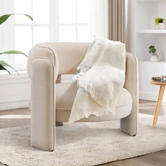 Mid-Century Modern Accent Barrel Chair with Velvet Fabric Montage Design, Sherpa Boucle Chair Armchair - HOMELIVING