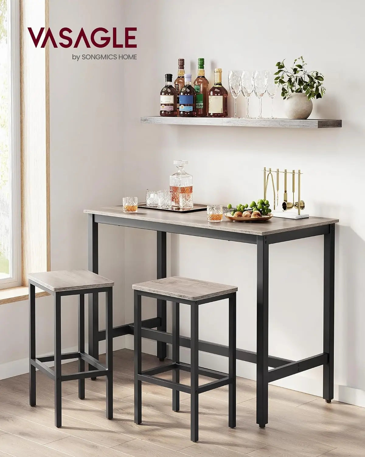 Table Set, Bar Table with 2 Bar Stools, Dining table set, Kitchen Counter with Bar Chairs, Greige and Black - HOMELIVING