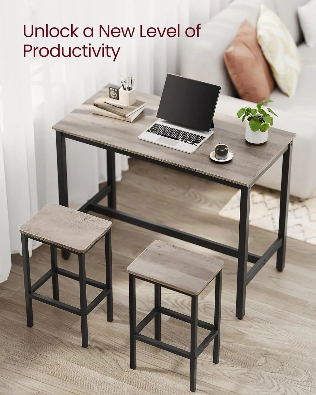 Table Set, Bar Table with 2 Bar Stools, Dining table set, Kitchen Counter with Bar Chairs, Greige and Black - HOMELIVING