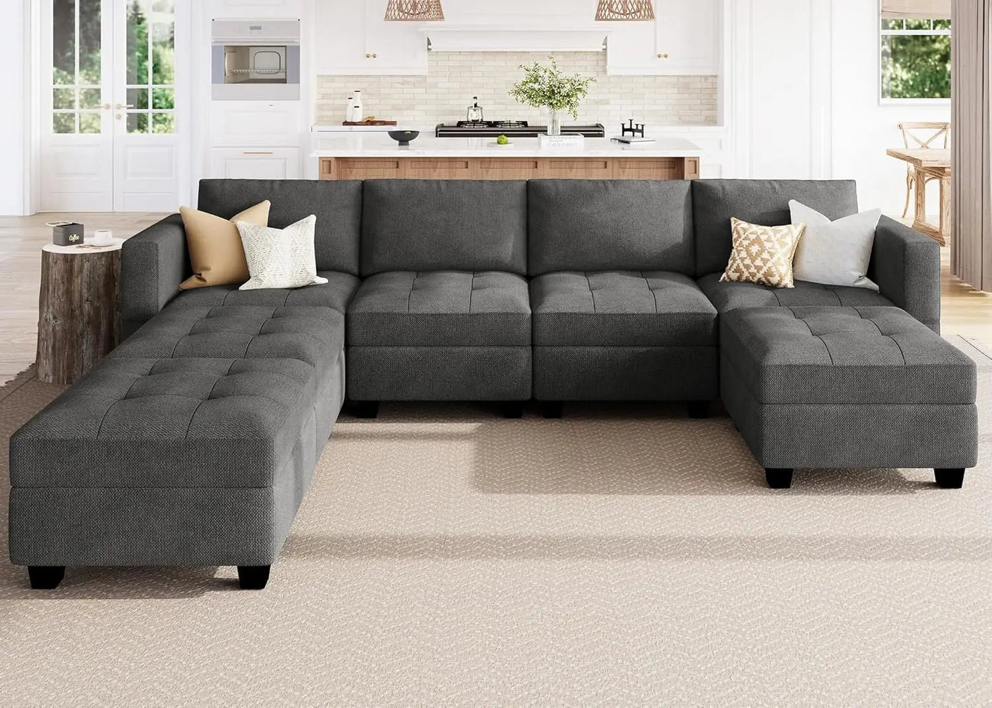 Modular U Shaped Couch with Storage Sectional Couch with Ottoman Moudular Sofa with Chaise Velvet Black57.1"D x 114.2"W x 34.3"H - HOMELIVING