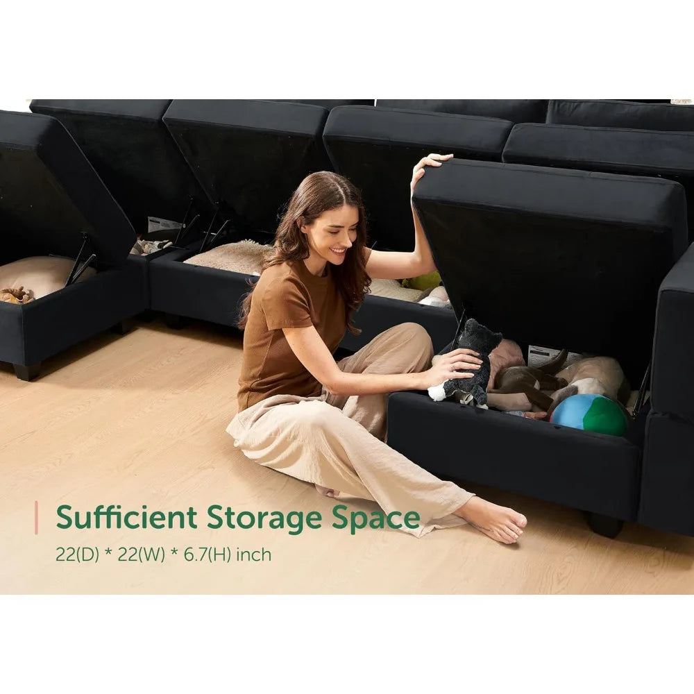 Modular U Shaped Couch with Storage Sectional Couch with Ottoman Moudular Sofa with Chaise Velvet Black57.1"D x 114.2"W x 34.3"H - HOMELIVING