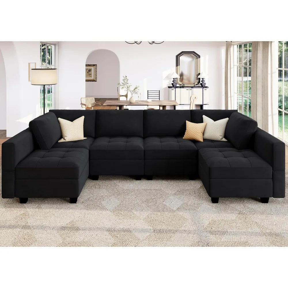 Modular U Shaped Couch with Storage Sectional Couch with Ottoman Moudular Sofa with Chaise Velvet Black57.1"D x 114.2"W x 34.3"H - HOMELIVING