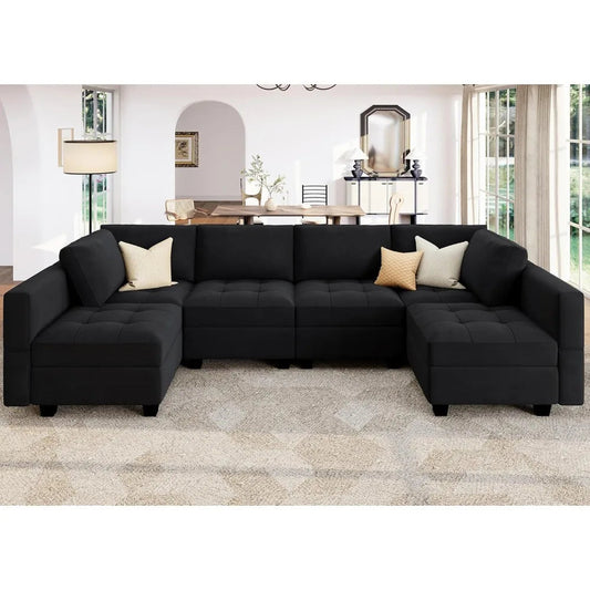 Modular U Shaped Couch with Storage Sectional Couch with Ottoman Moudular Sofa with Chaise Velvet Black57.1"D x 114.2"W x 34.3"H - HOMELIVING