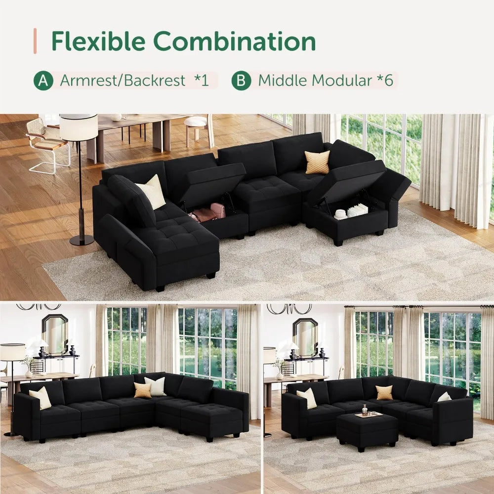 Modular U Shaped Couch with Storage Sectional Couch with Ottoman Moudular Sofa with Chaise Velvet Black57.1"D x 114.2"W x 34.3"H - HOMELIVING