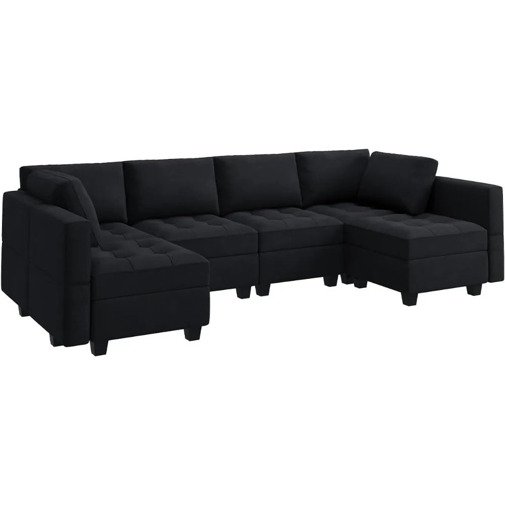 Modular U Shaped Couch with Storage Sectional Couch with Ottoman Moudular Sofa with Chaise Velvet Black57.1"D x 114.2"W x 34.3"H - HOMELIVING