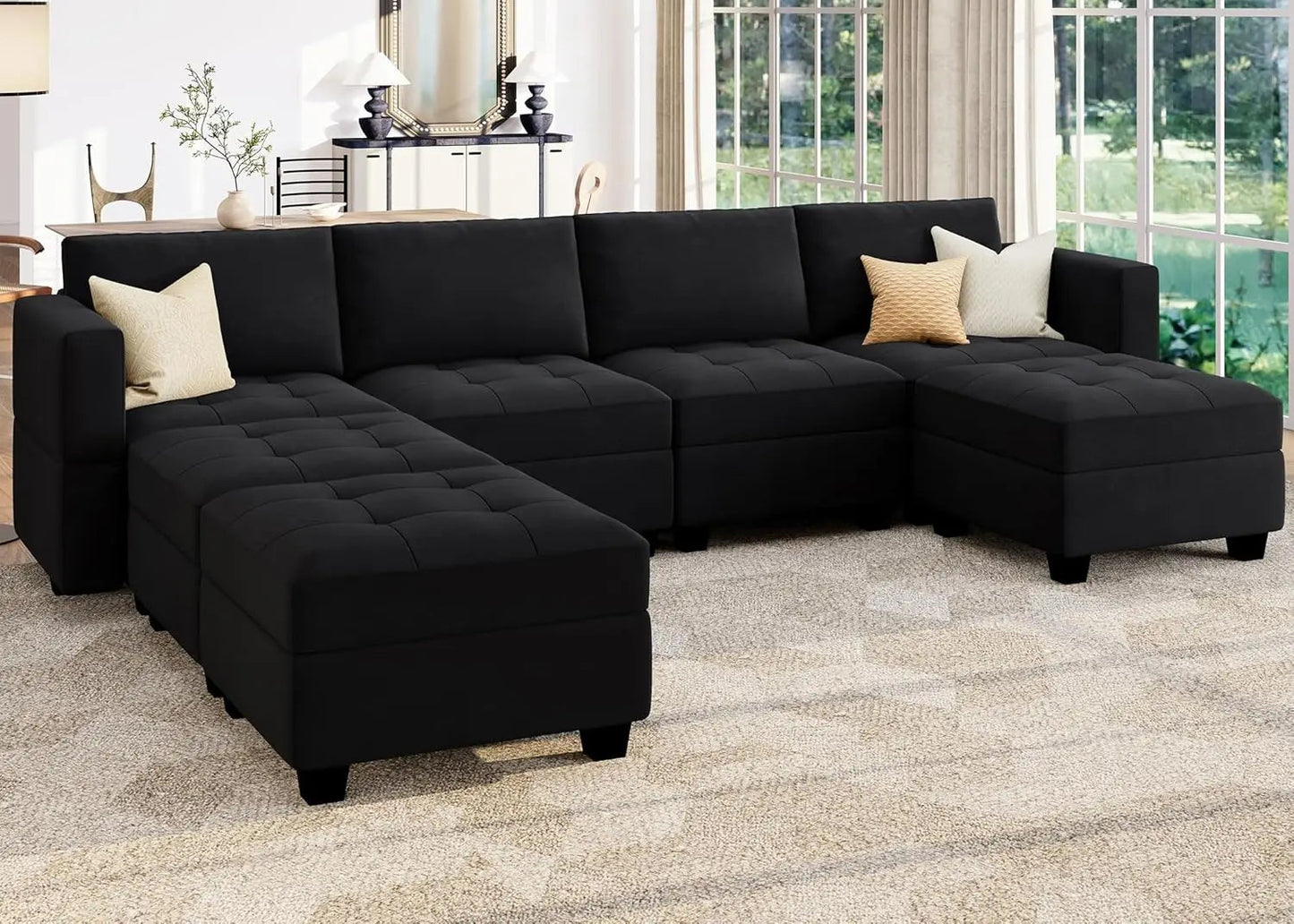 Modular U Shaped Couch with Storage Sectional Couch with Ottoman Moudular Sofa with Chaise Velvet Black57.1"D x 114.2"W x 34.3"H - HOMELIVING