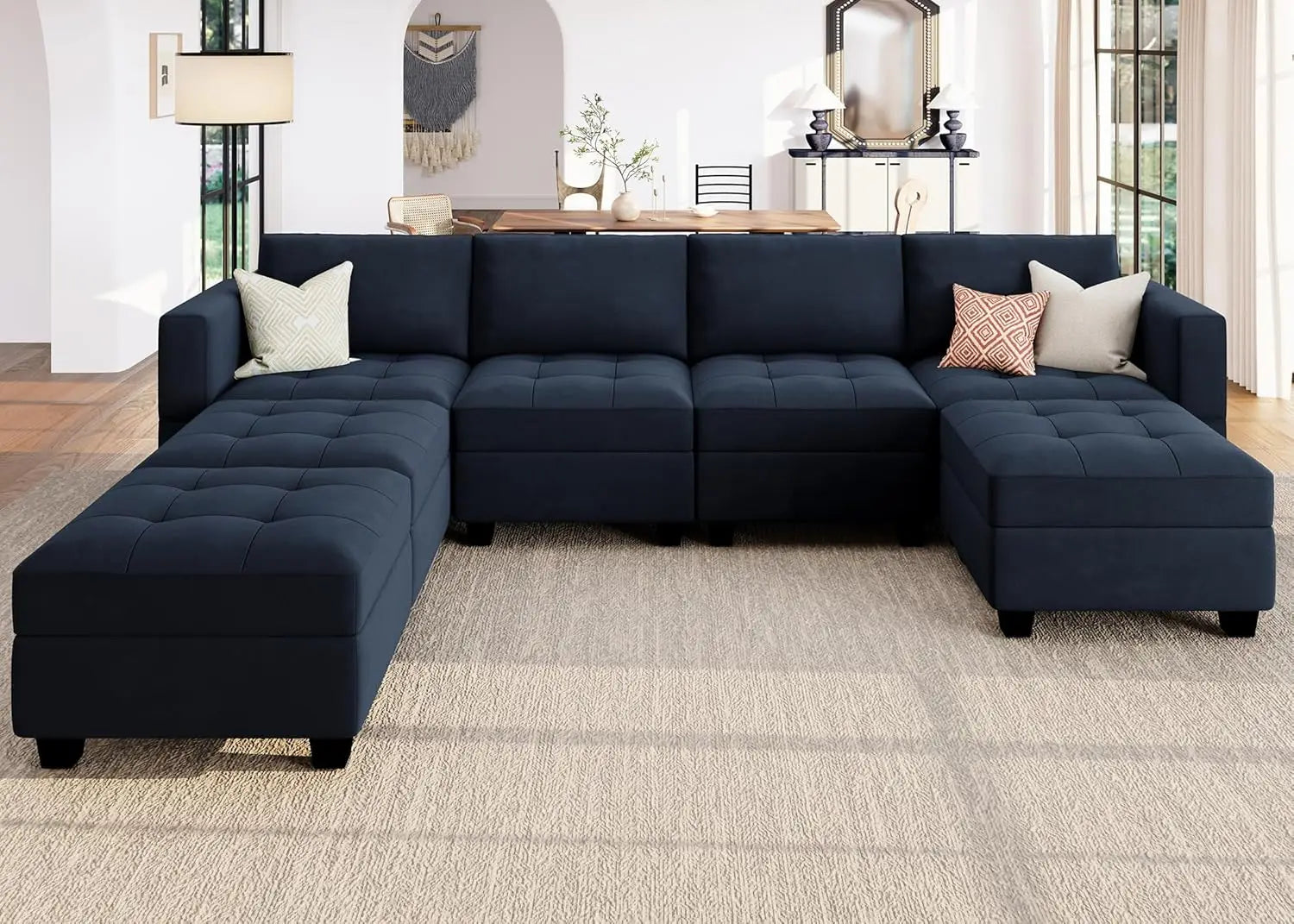 Modular U Shaped Couch with Storage Sectional Couch with Ottoman Moudular Sofa with Chaise Velvet Black57.1"D x 114.2"W x 34.3"H - HOMELIVING