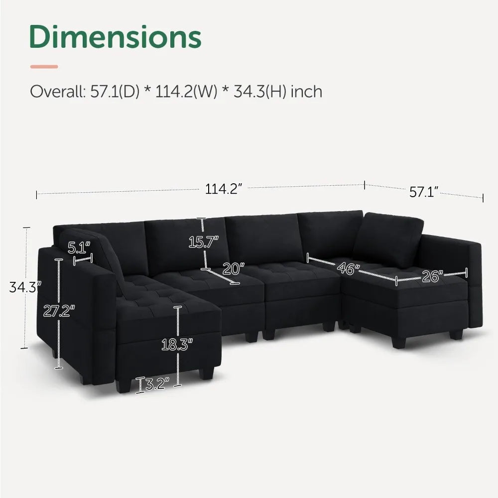 Modular U Shaped Couch with Storage Sectional Couch with Ottoman Moudular Sofa with Chaise Velvet Black57.1"D x 114.2"W x 34.3"H - HOMELIVING