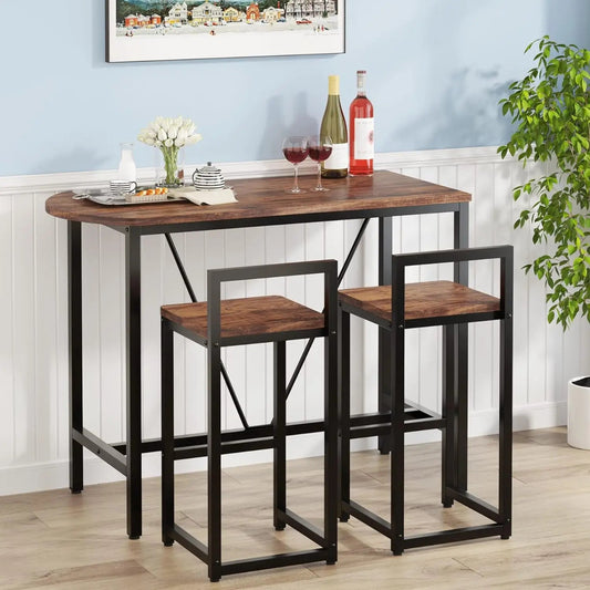 3-Piece Bar Table Set, 2-Person Counter Height Dining Set, Sofa Pub Table with 2 Tools, Brown/White, for Kitchen and Living Room - HOMELIVING