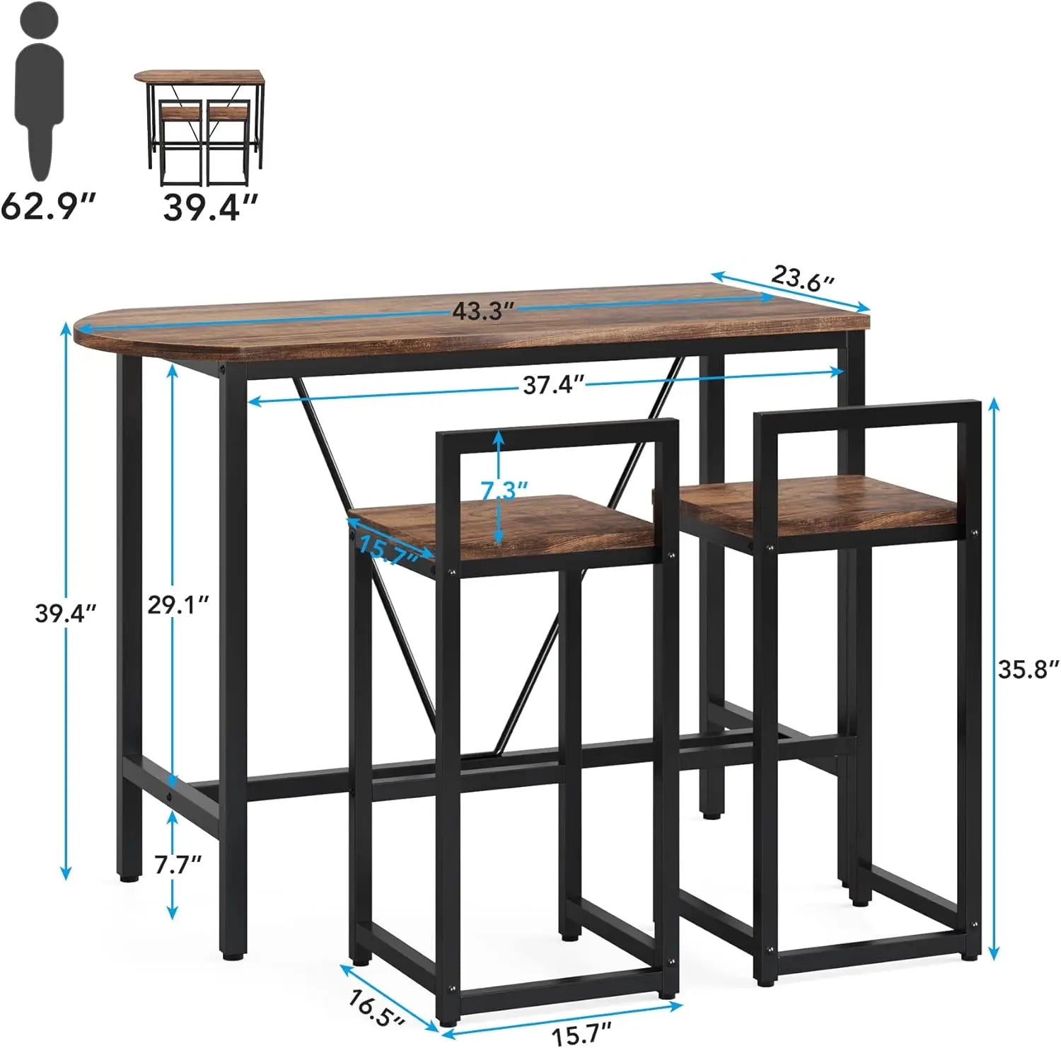 3-Piece Bar Table Set, 2-Person Counter Height Dining Set, Sofa Pub Table with 2 Tools, Brown/White, for Kitchen and Living Room - HOMELIVING