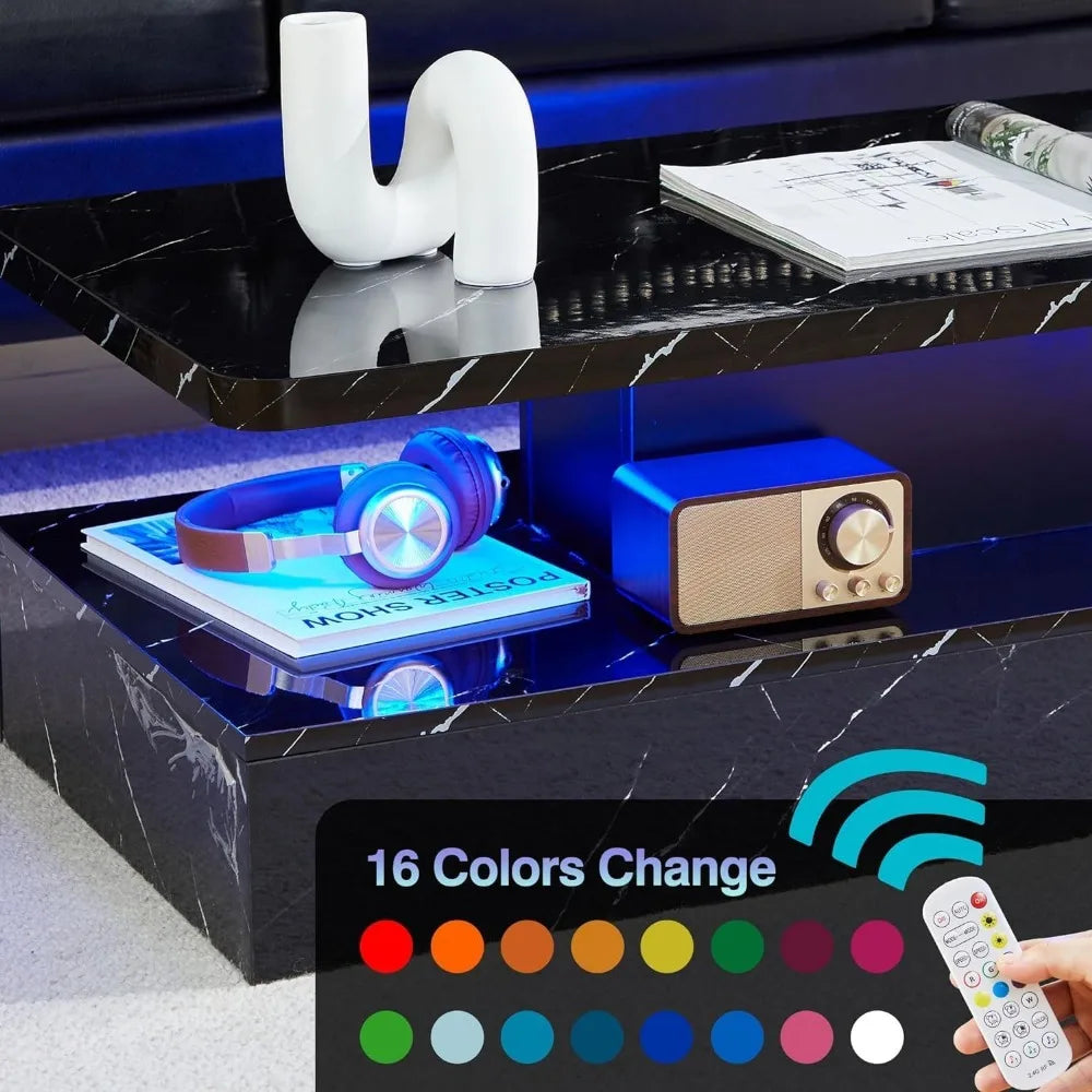 Living Room LED Coffee Table, Black Modern Coffee Table, Equipped with 16 Color Smart LED Lights, 2-layer Rectangular Design - HOMELIVING