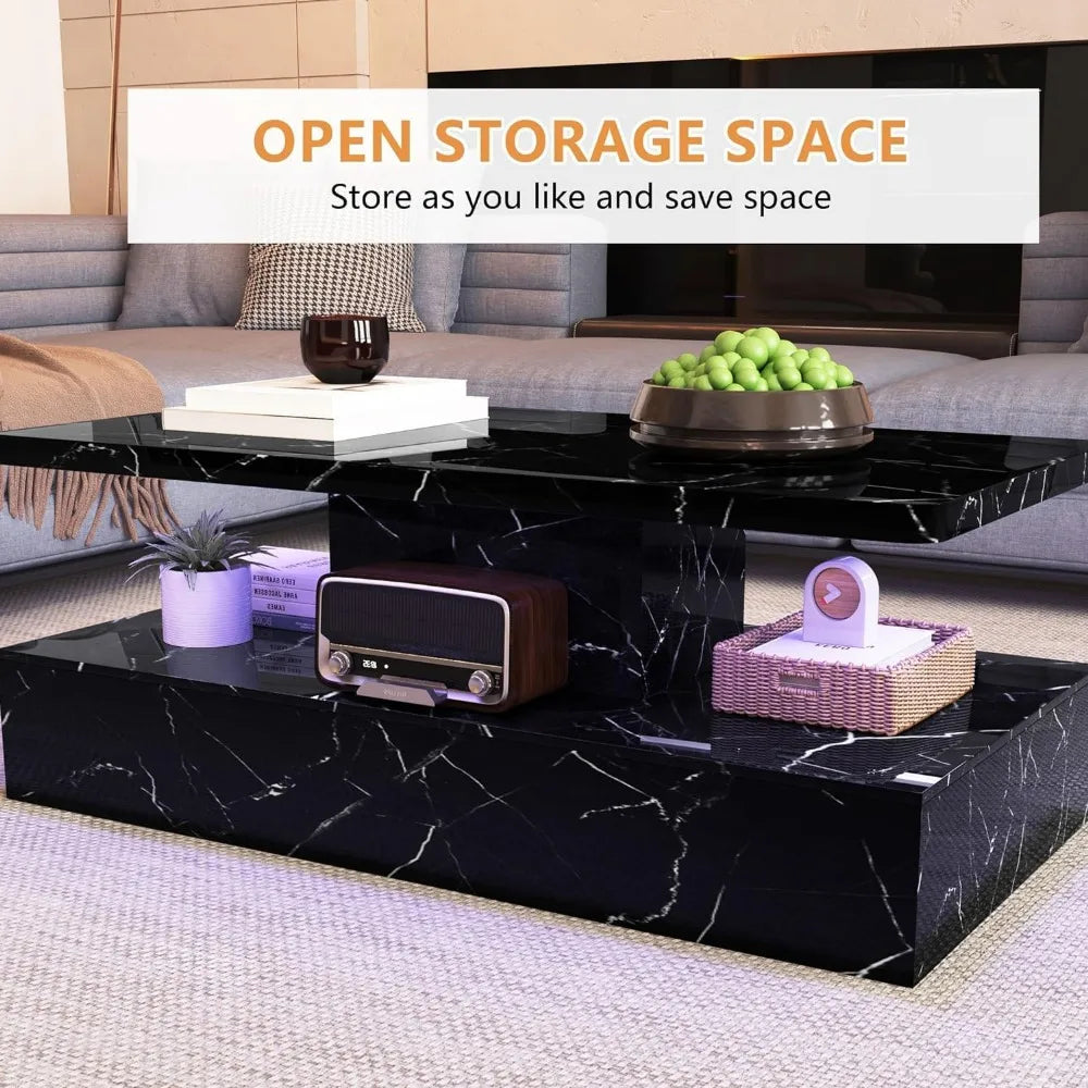 Living Room LED Coffee Table, Black Modern Coffee Table, Equipped with 16 Color Smart LED Lights, 2-layer Rectangular Design - HOMELIVING