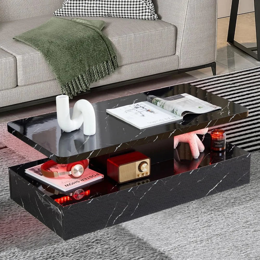 Living Room LED Coffee Table, Black Modern Coffee Table, Equipped with 16 Color Smart LED Lights, 2-layer Rectangular Design - HOMELIVING