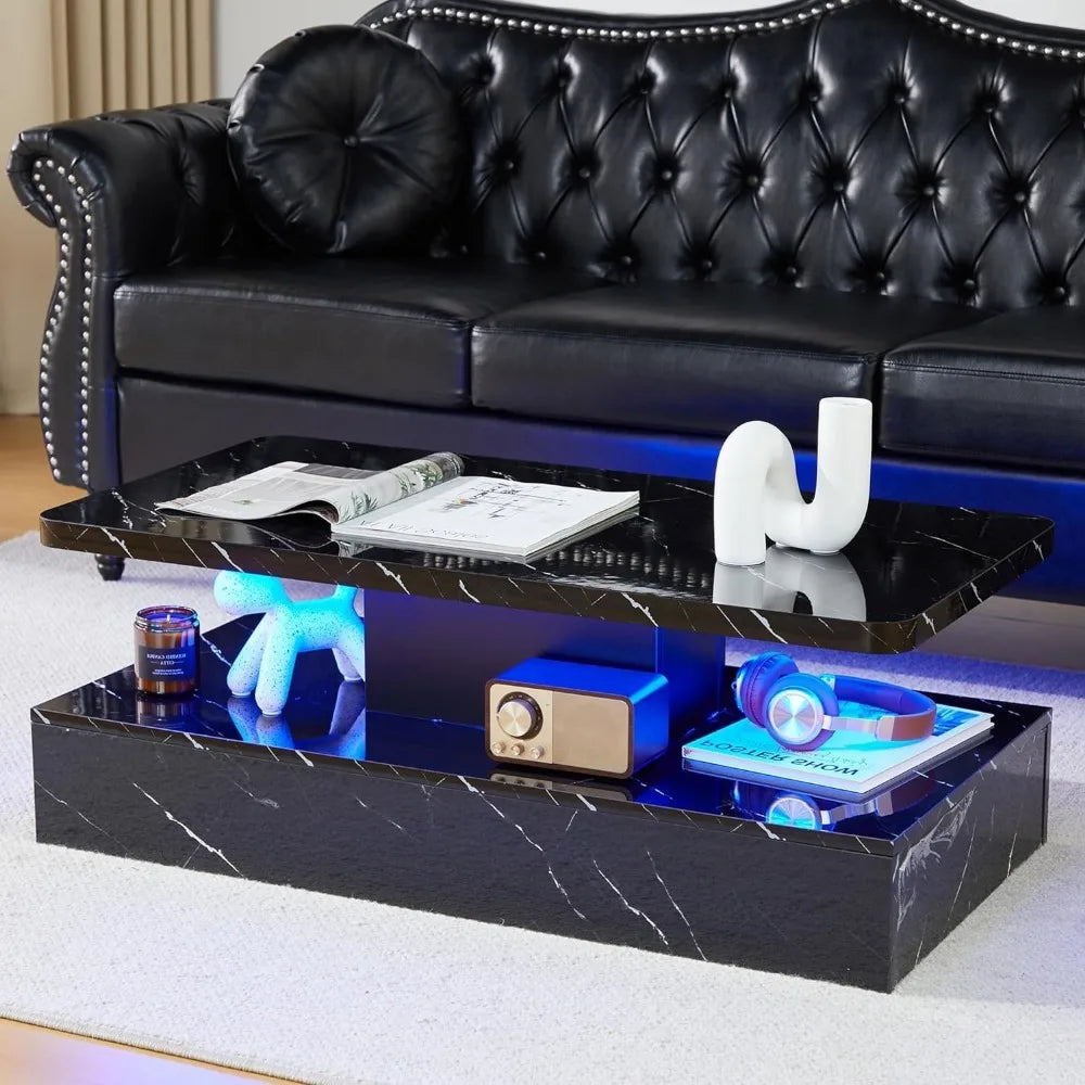 Living Room LED Coffee Table, Black Modern Coffee Table, Equipped with 16 Color Smart LED Lights, 2-layer Rectangular Design - HOMELIVING