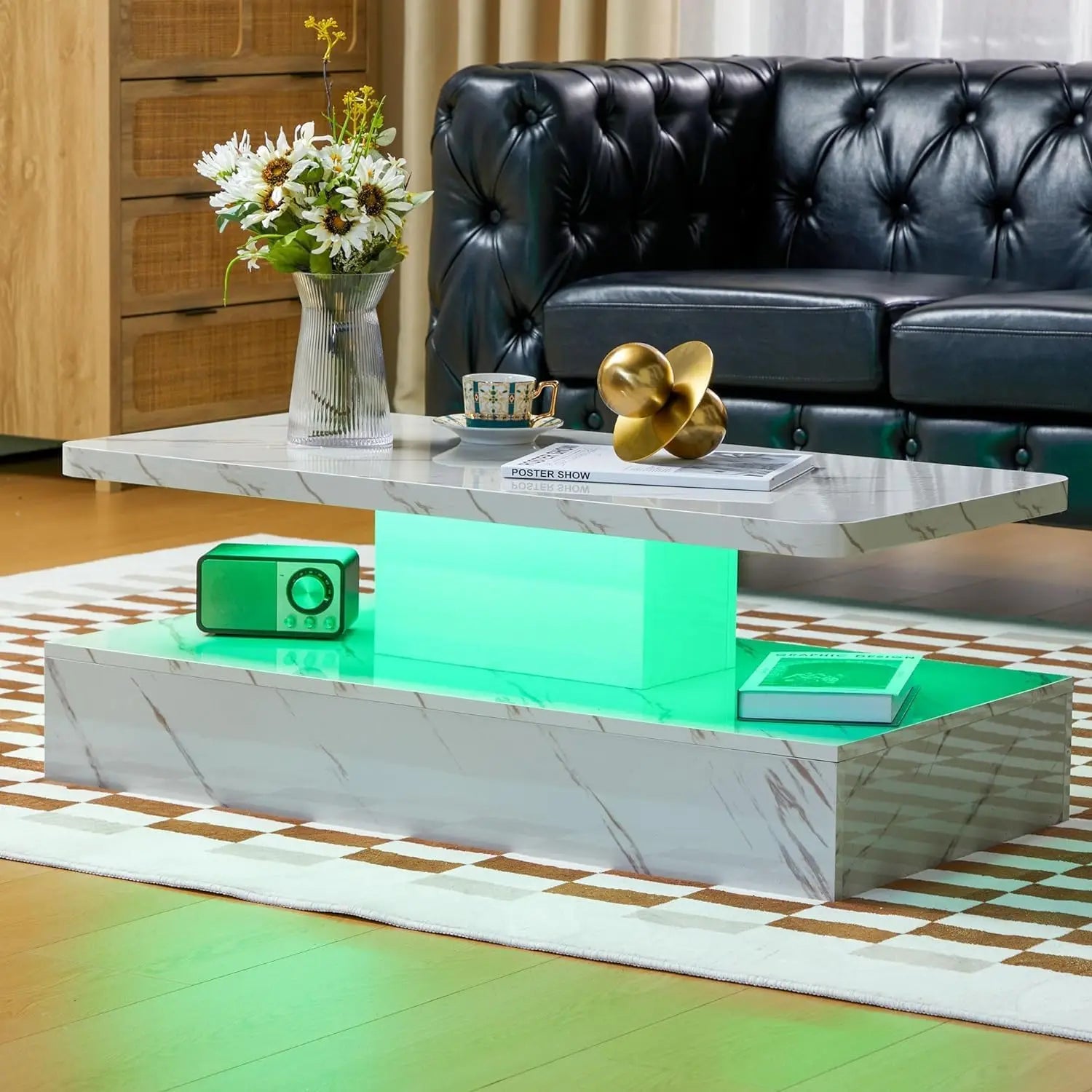 Living Room LED Coffee Table, Black Modern Coffee Table, Equipped with 16 Color Smart LED Lights, 2-layer Rectangular Design - HOMELIVING
