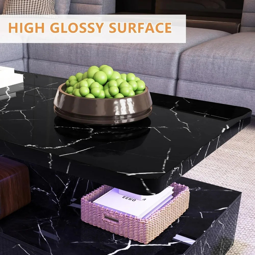 Living Room LED Coffee Table, Black Modern Coffee Table, Equipped with 16 Color Smart LED Lights, 2-layer Rectangular Design - HOMELIVING